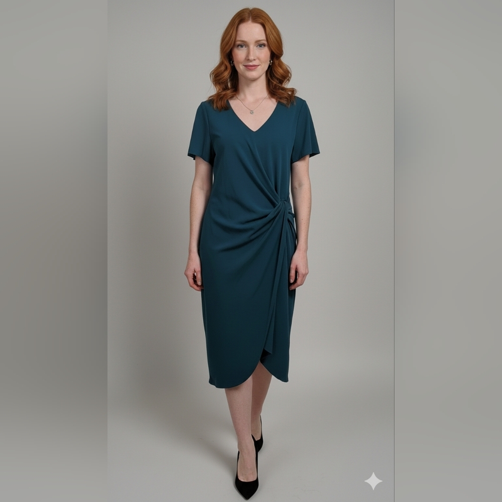 Tahari ASL Teal Faux Wrap Midi Dress Fully Lined